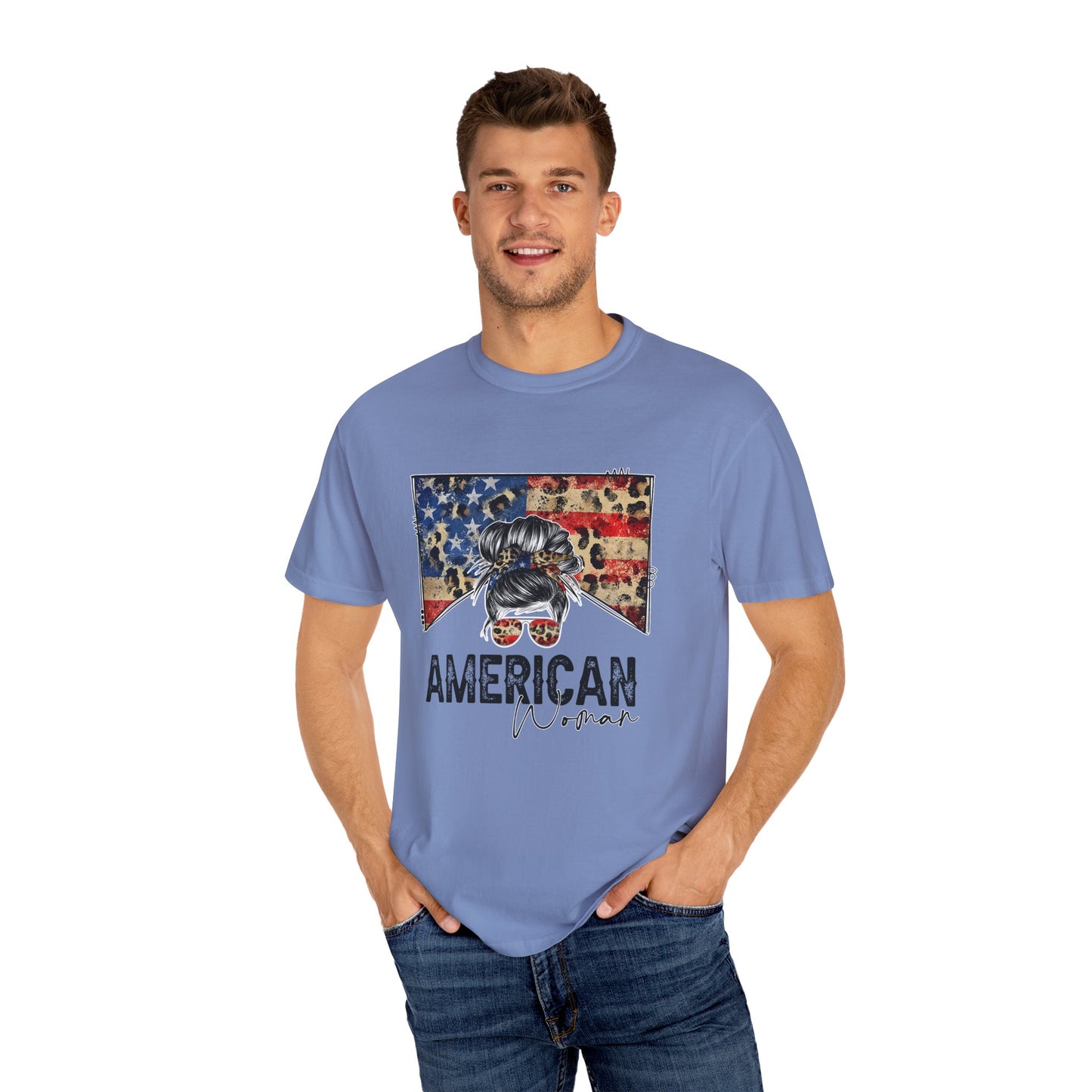 American Woman T-Shirt - Garment-Dyed, Patriotic Tee, Perfect for Independence Day, Gifts for Her, Casual Style