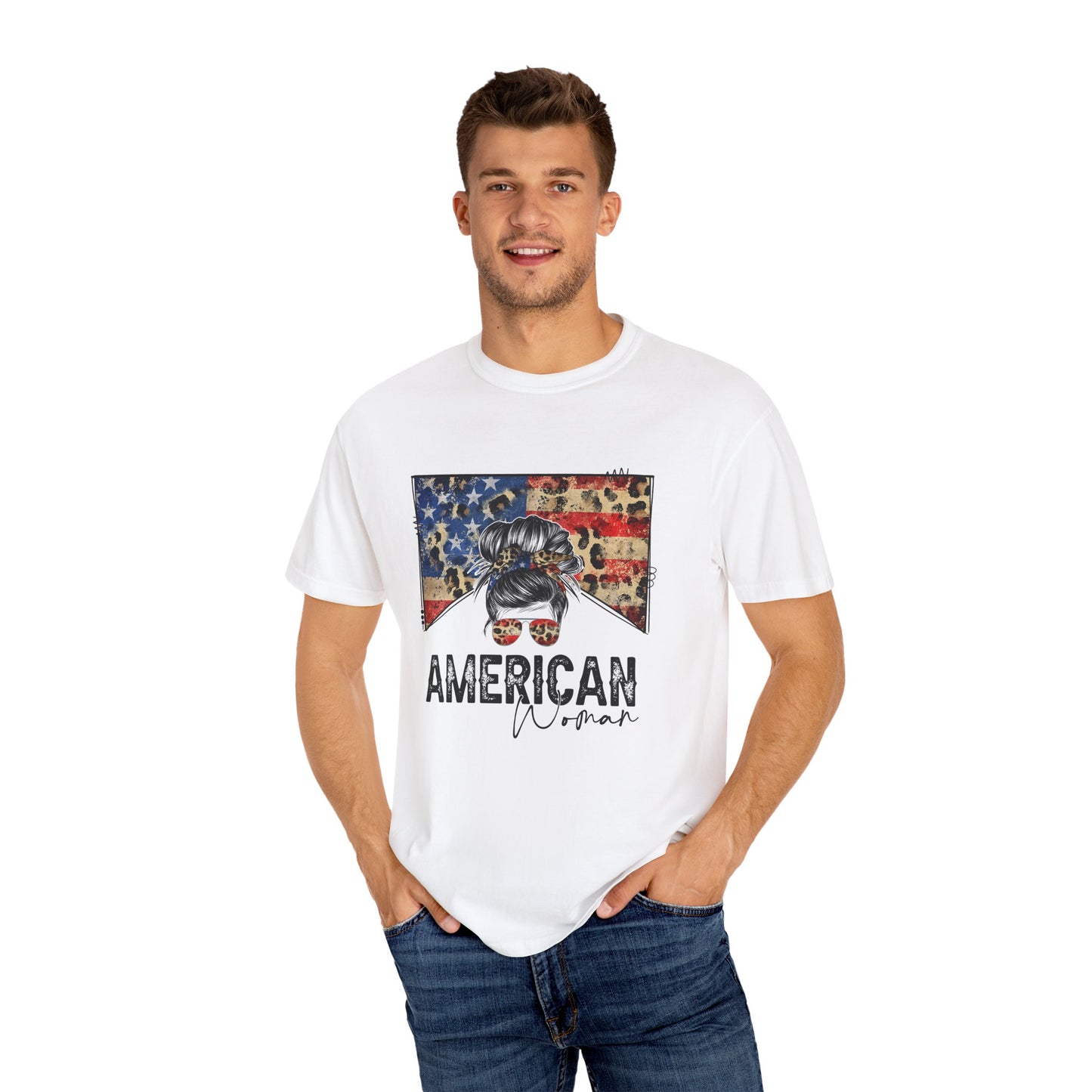 American Woman T-Shirt - Garment-Dyed, Patriotic Tee, Perfect for Independence Day, Gifts for Her, Casual Style