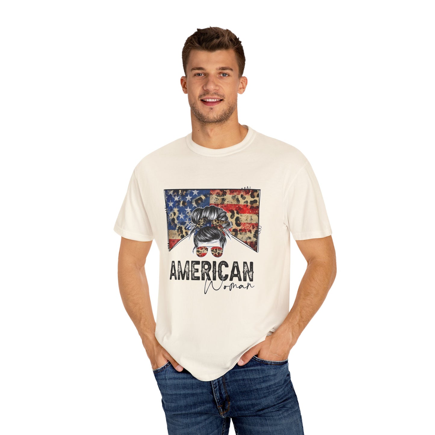 American Woman T-Shirt - Garment-Dyed, Patriotic Tee, Perfect for Independence Day, Gifts for Her, Casual Style