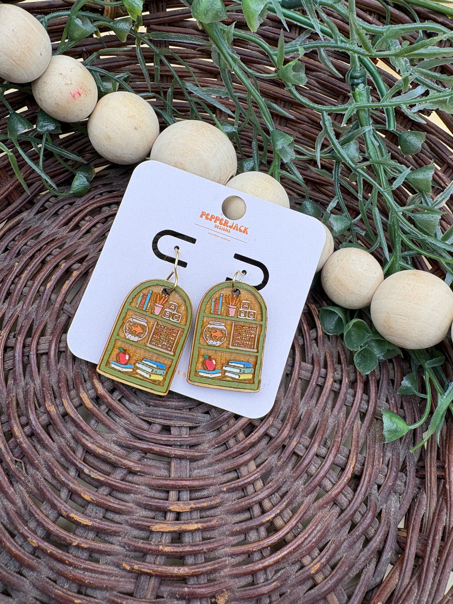 Teacher Bookshelf Wooden Dangle Earrings