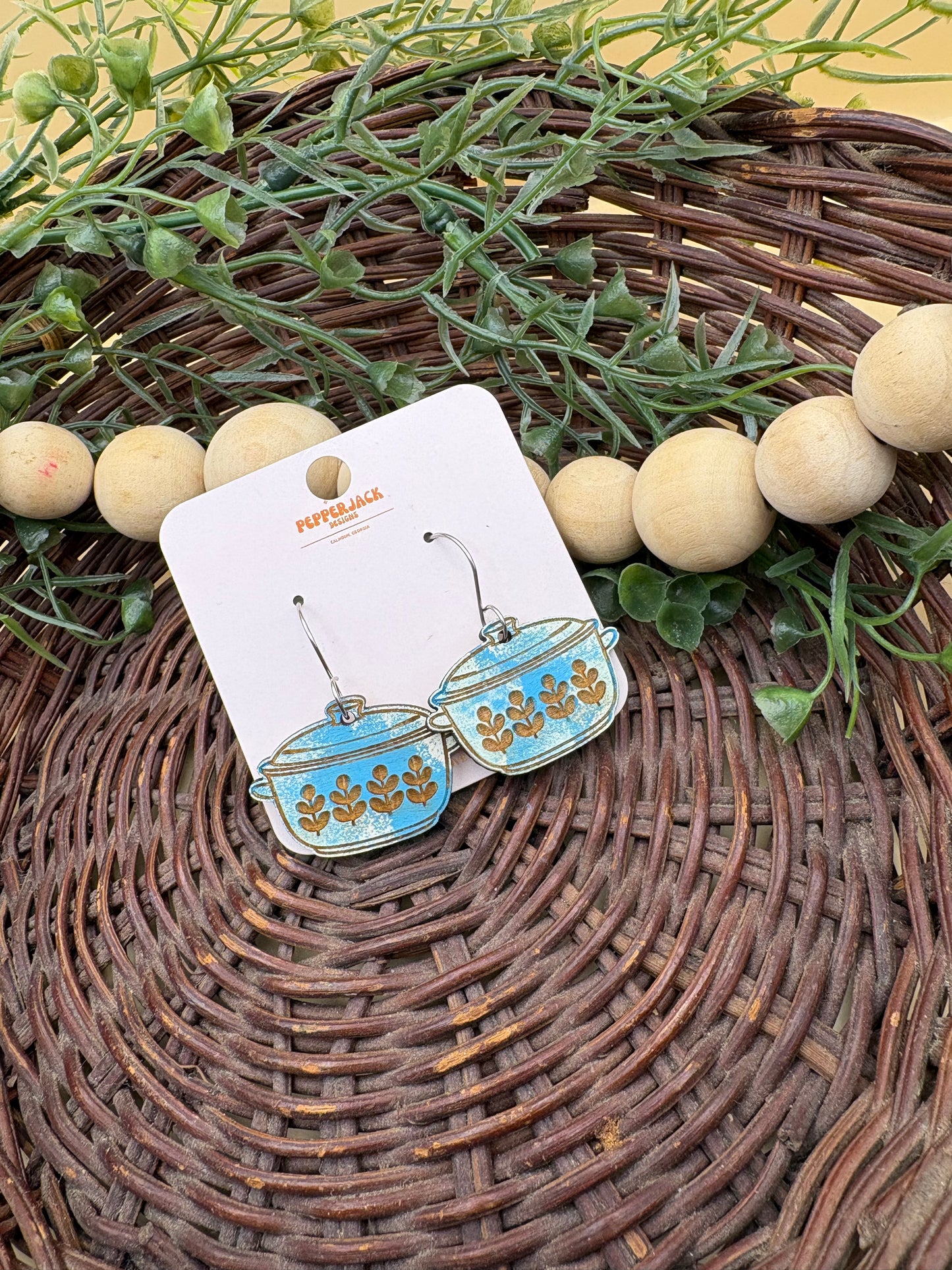Vintage Casserole Dish Wooden Dangle Earrings