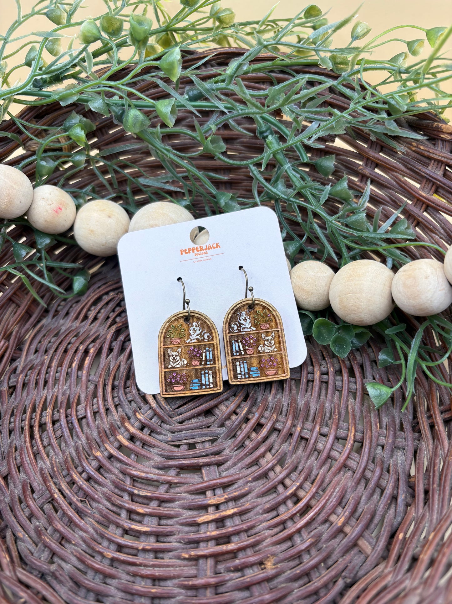 Dog Bookshelf Wooden Dangle Earrings