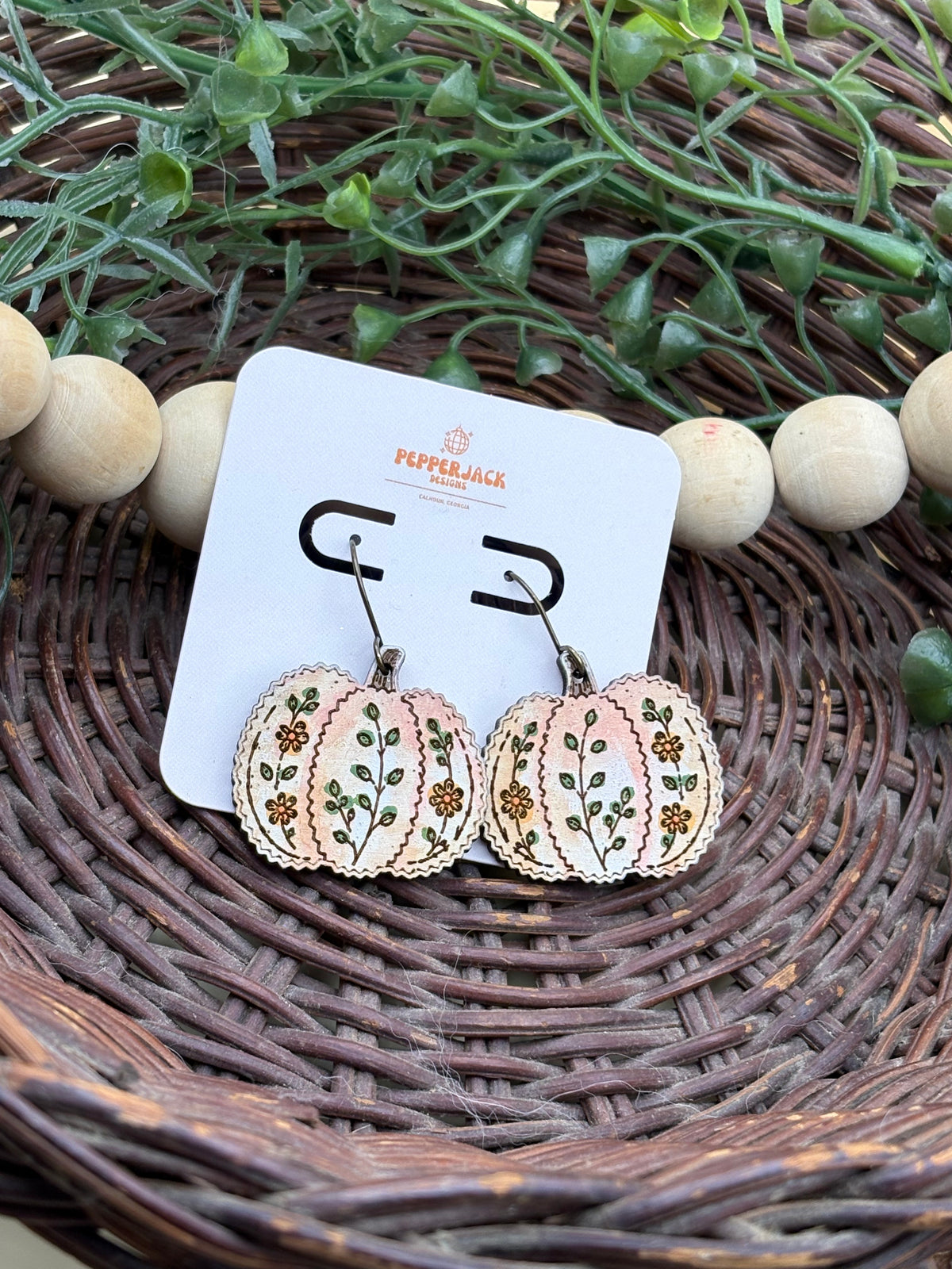 Floral Fall Earrings | Hand Painted Wooden Pumpkin Earrings | Folk Art Earrings | Autumn Earrings | Thanksgiving Jewelry