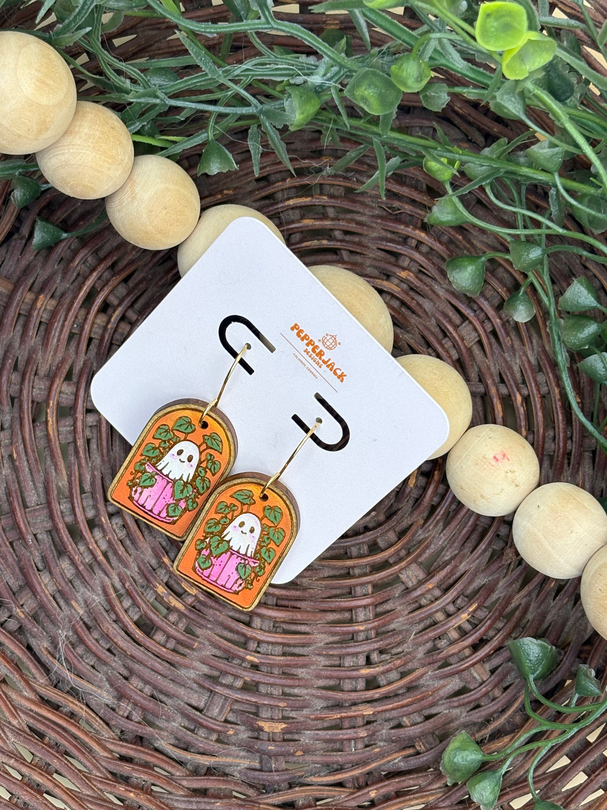 Ghost Plant Earrings | Halloween Wooden Earrings | Cute Spooky Earrings | Houseplant Jewelry | Hand Painted Fall Earrings | Ghost Gift