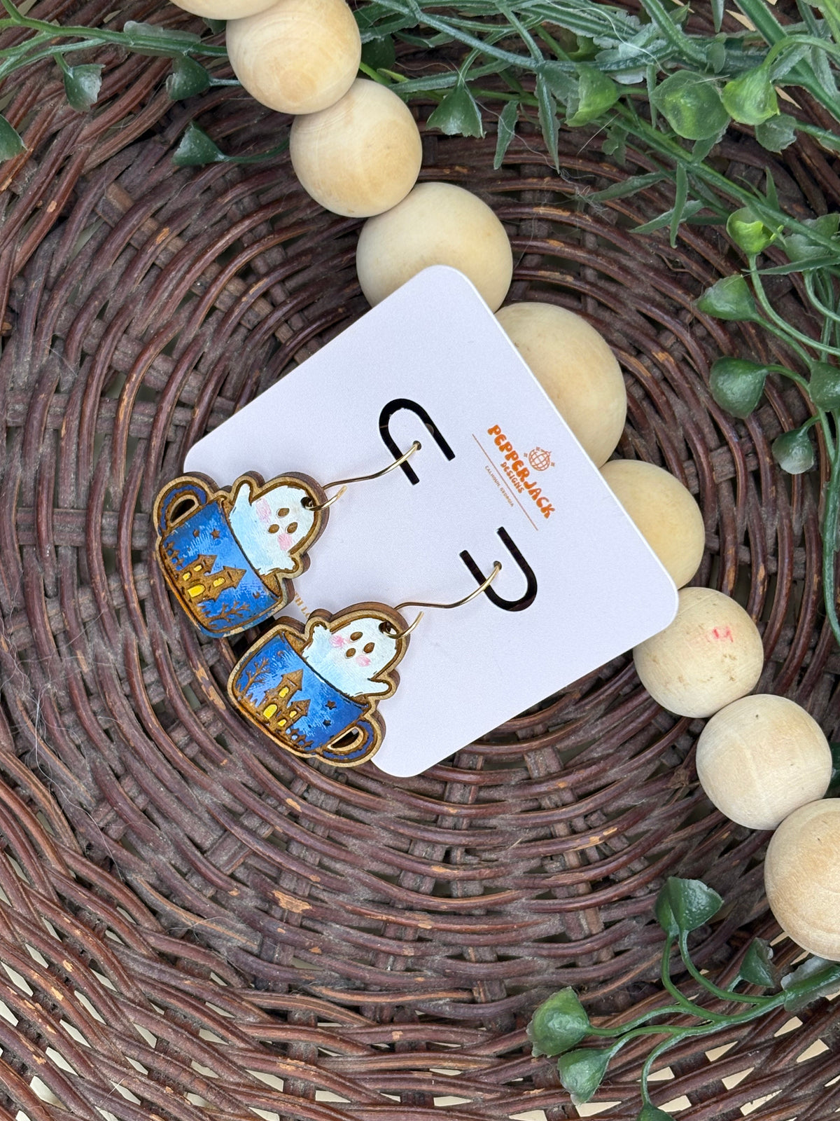 Ghost Mug Earrings | Halloween Earrings | Cute Ghost Earrings | Hand Painted Wooden Earrings | Spooky Coffee Earrings | Halloween Jewelry