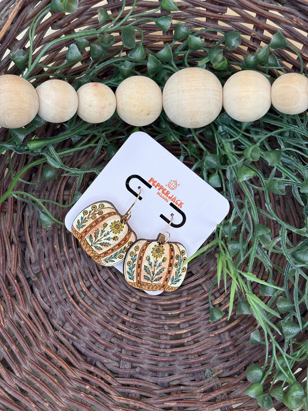 Hand Painted Floral Pumpkin Earrings | Wooden Fall Dangle Earrings | Boho Sunflower Pumpkin Jewelry | Hypoallergenic Stainless Steel Hooks