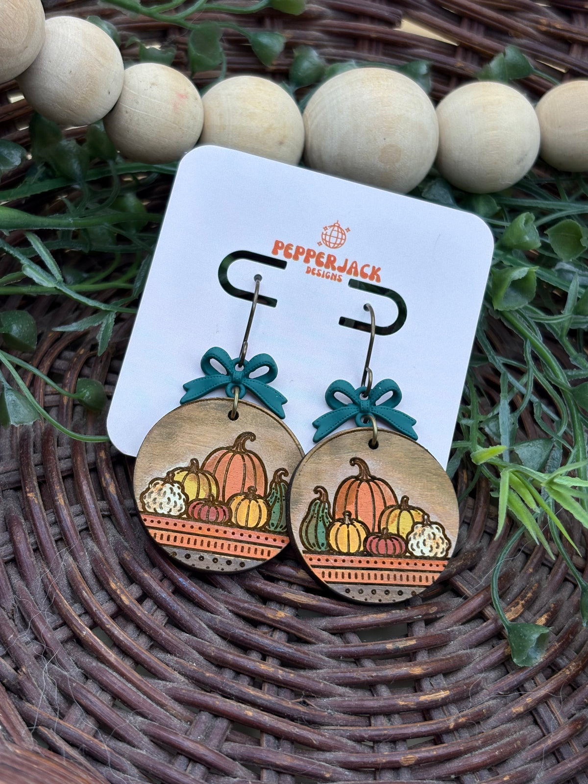 Hand Painted Pumpkin Patch Earrings | Wooden Fall Dangle Earrings | Teal Bow Autumn Earrings | Thanksgiving Jewelry