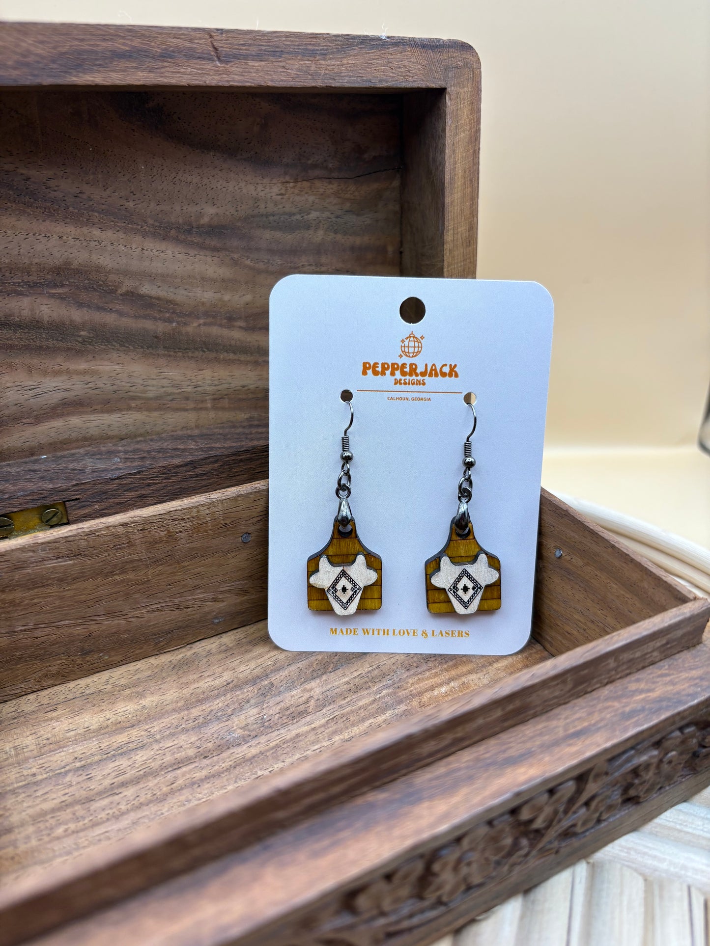 Cow Tag w/ Aztec Cow Head Earrings