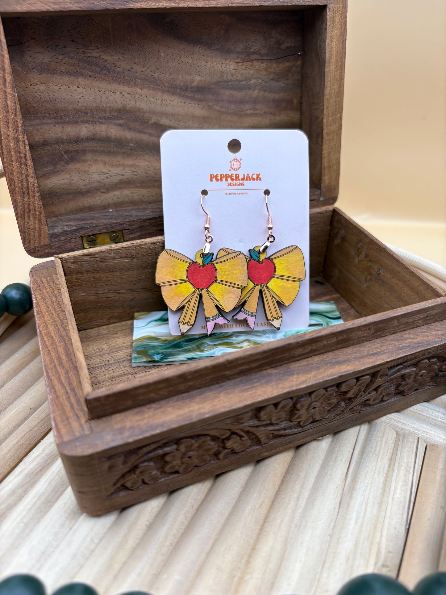 Pencil Ribbon Bow w/ Apple Center Earrings