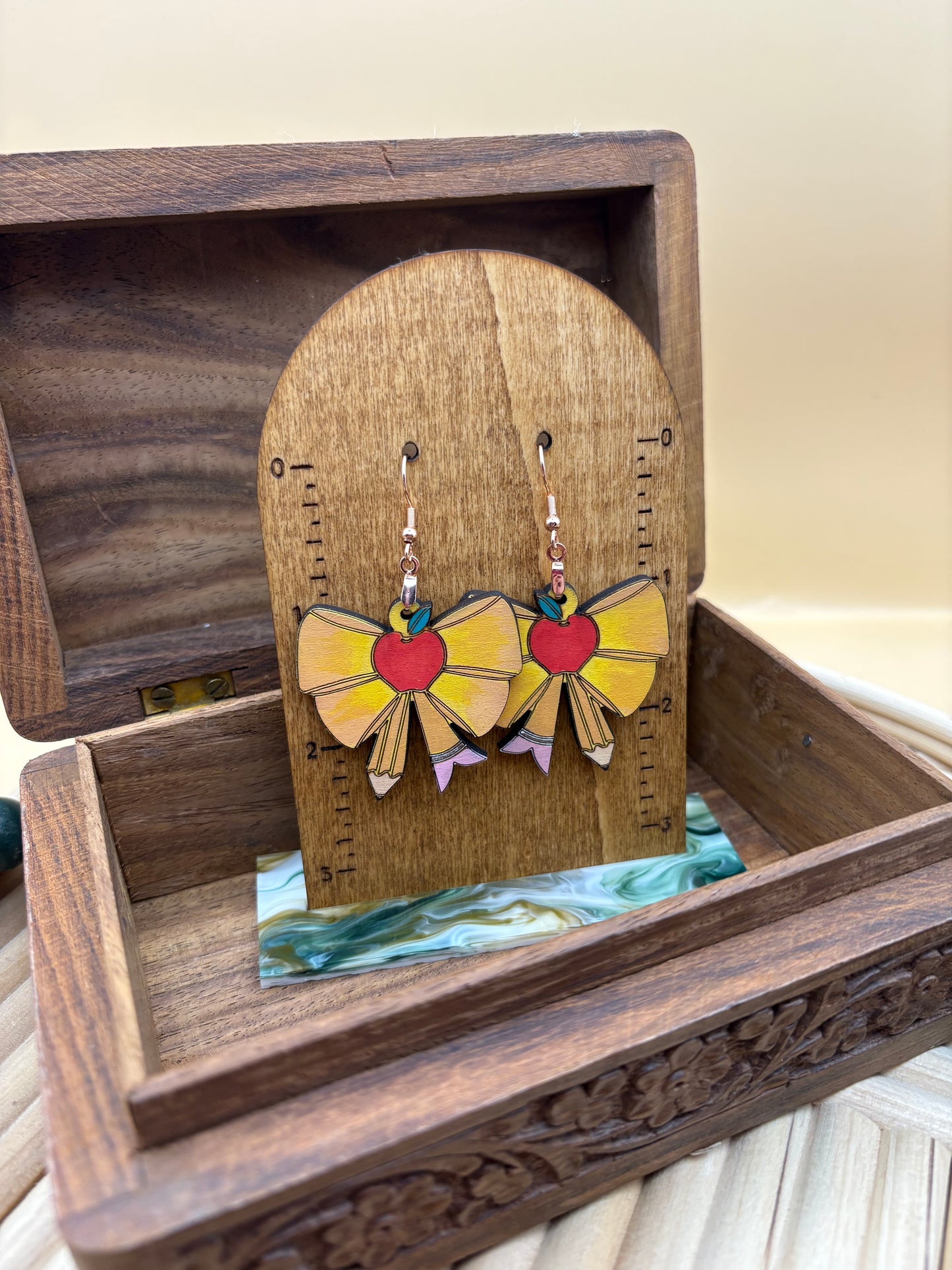 Pencil Ribbon Bow w/ Apple Center Earrings