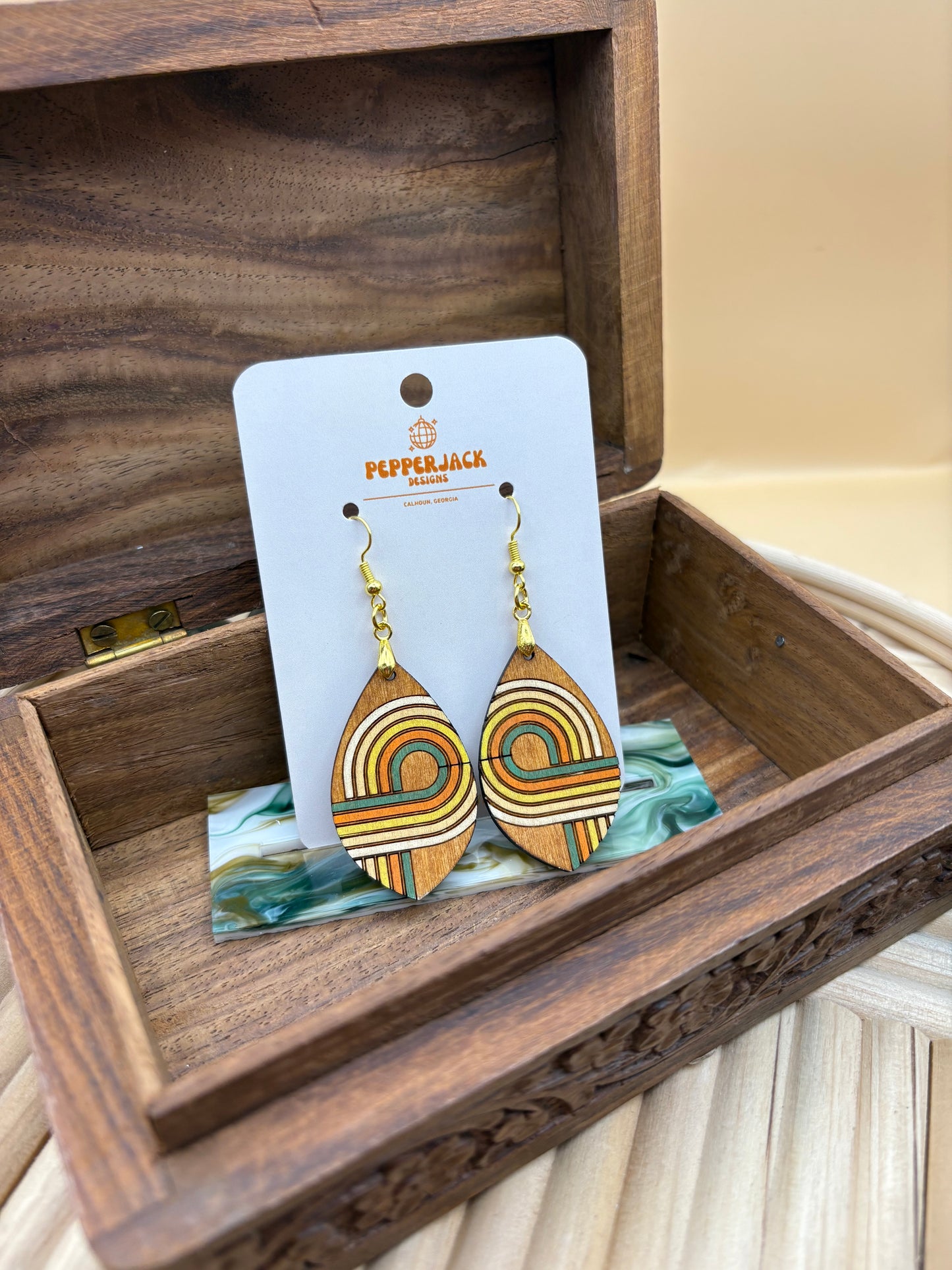 70s Style Retro Line Yellow & Green Color Scheme Earrings