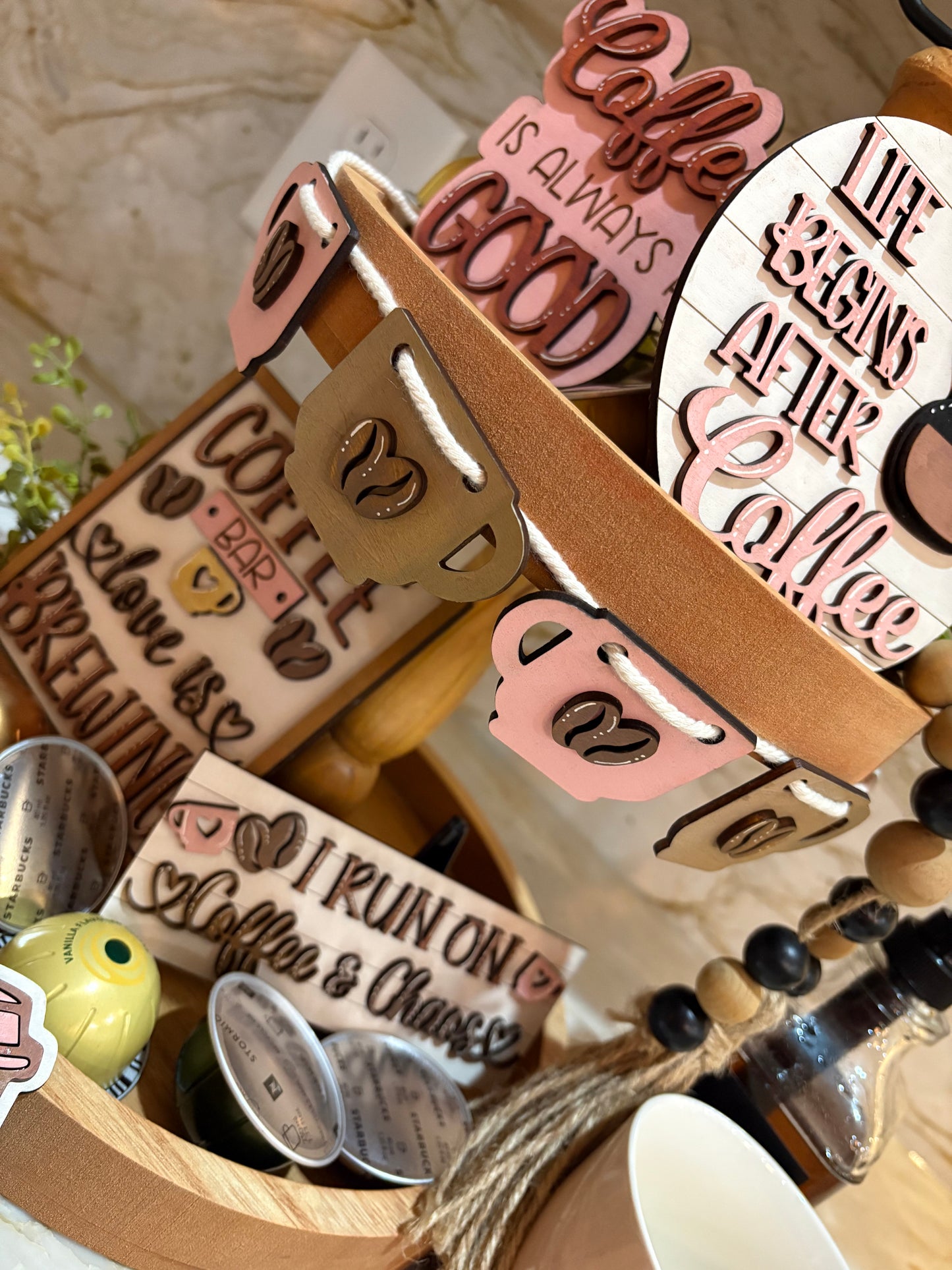 Coffee & Chaos Tiered Tray Decor Sign Set