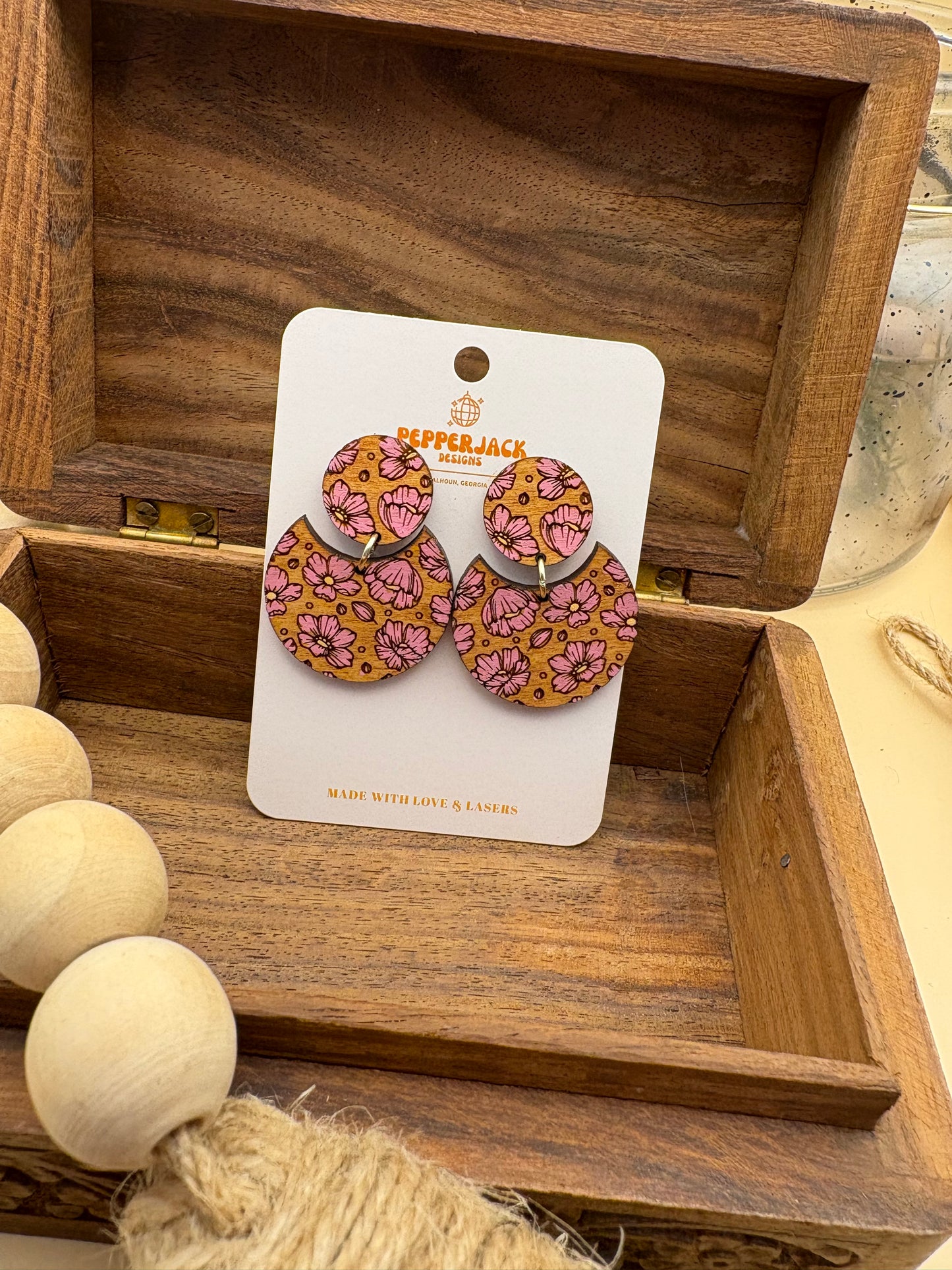 Engraved Floral Circle Drop Earrings