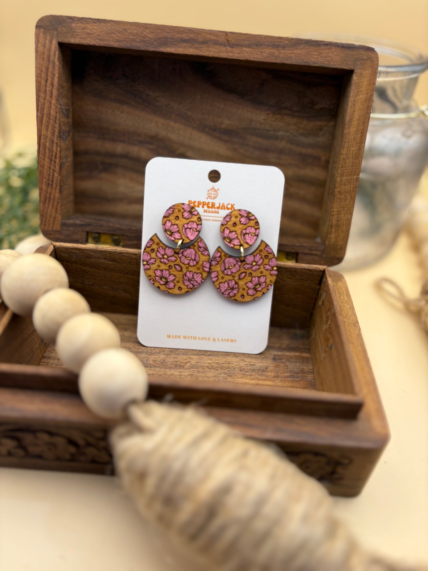 Engraved Floral Circle Drop Earrings