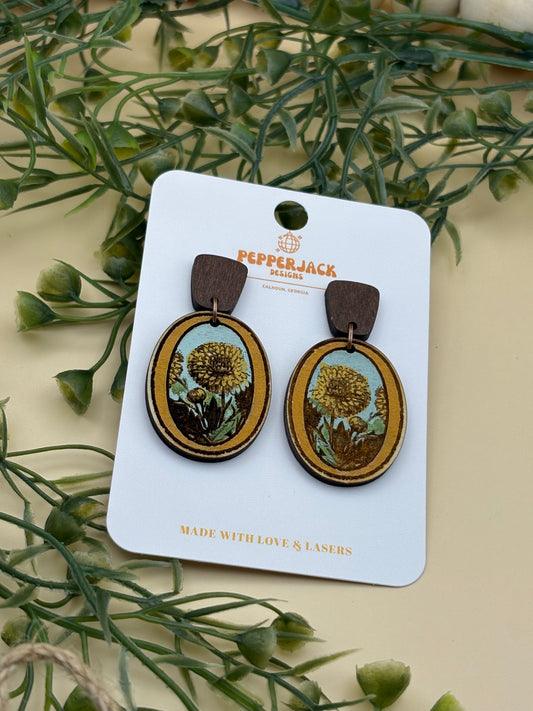 Vintage Framed Floral Earrings - Mums