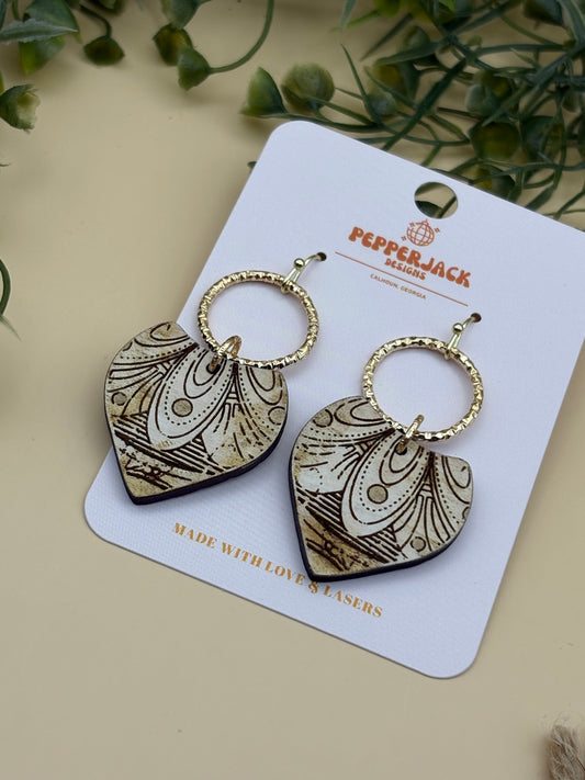 Cream & Gold Curtain Mandala Triangle Drop Hoop Earrings