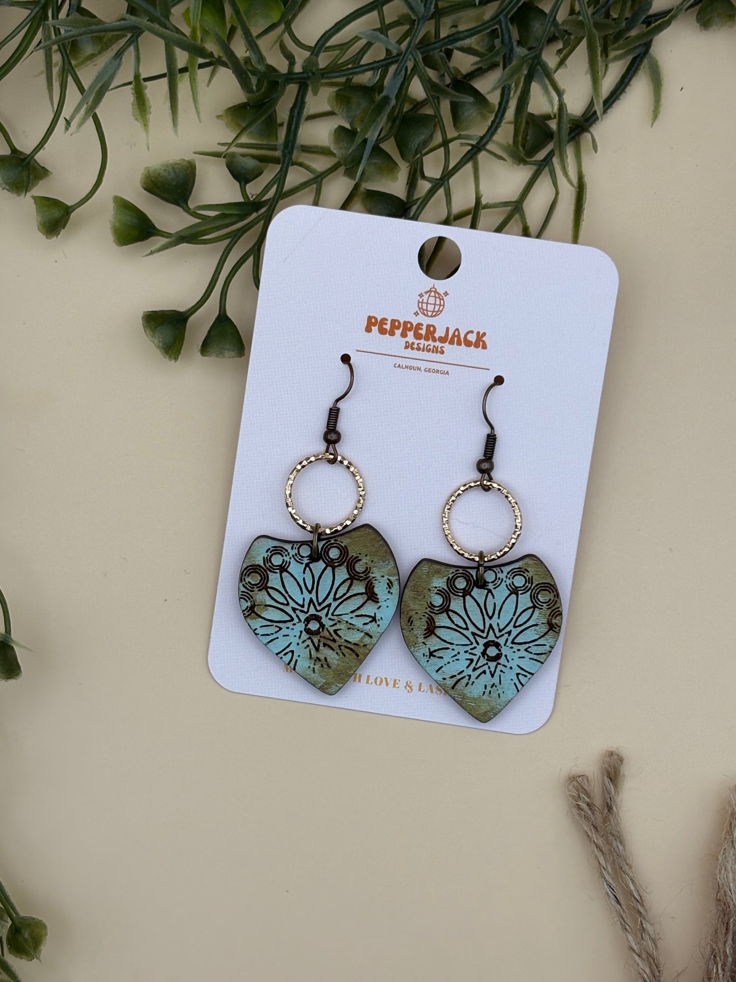 Turquoise Curtain Mandala Triangle Drop Hoop Earrings