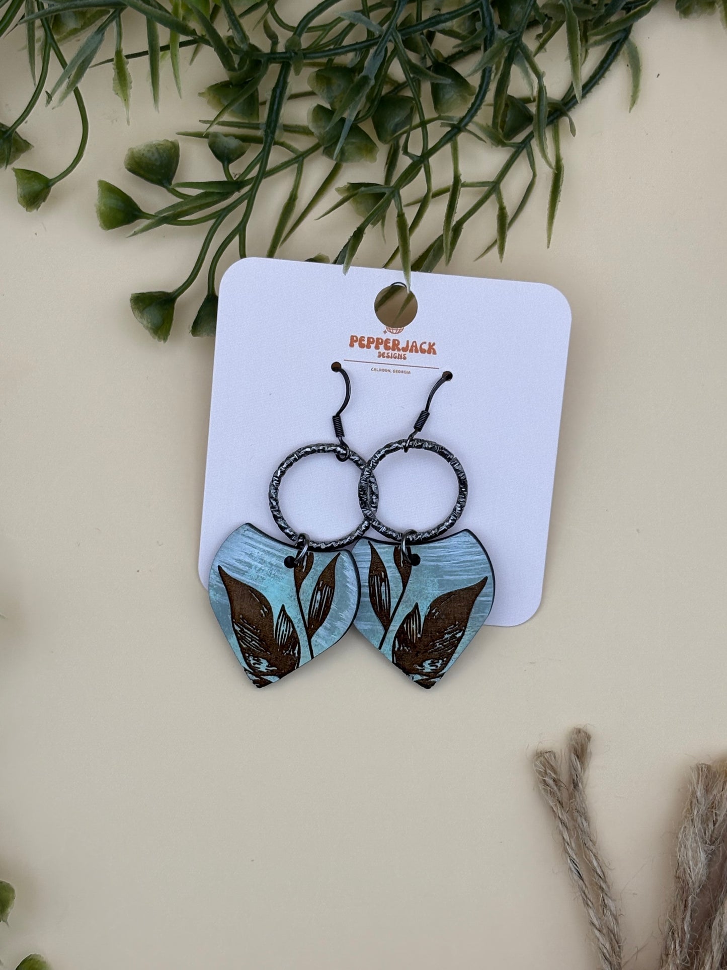 Wildflower Leaf Stem Triangle Drop Hood Earrings