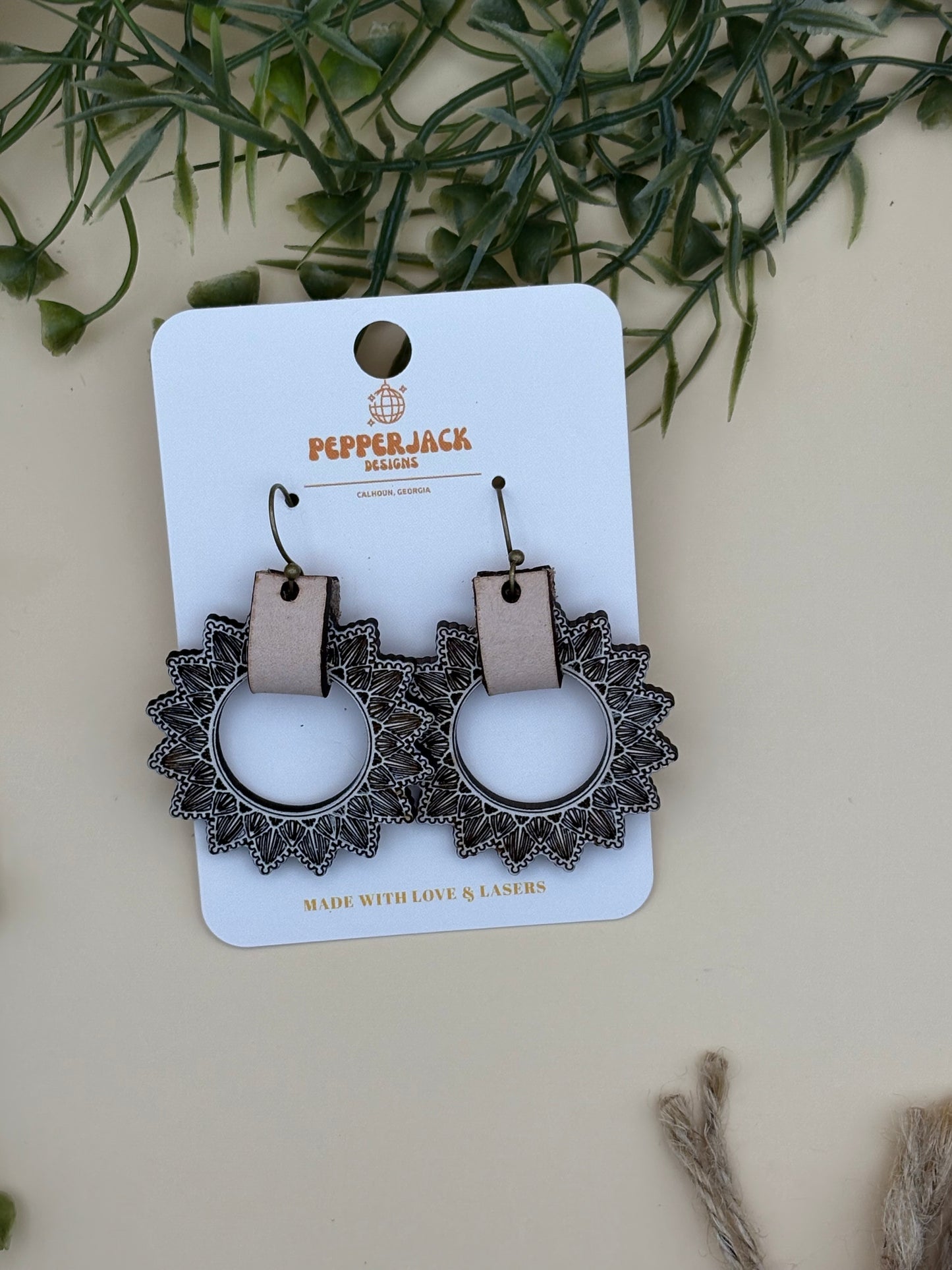 Mandala Circle Leather Drop Earrings