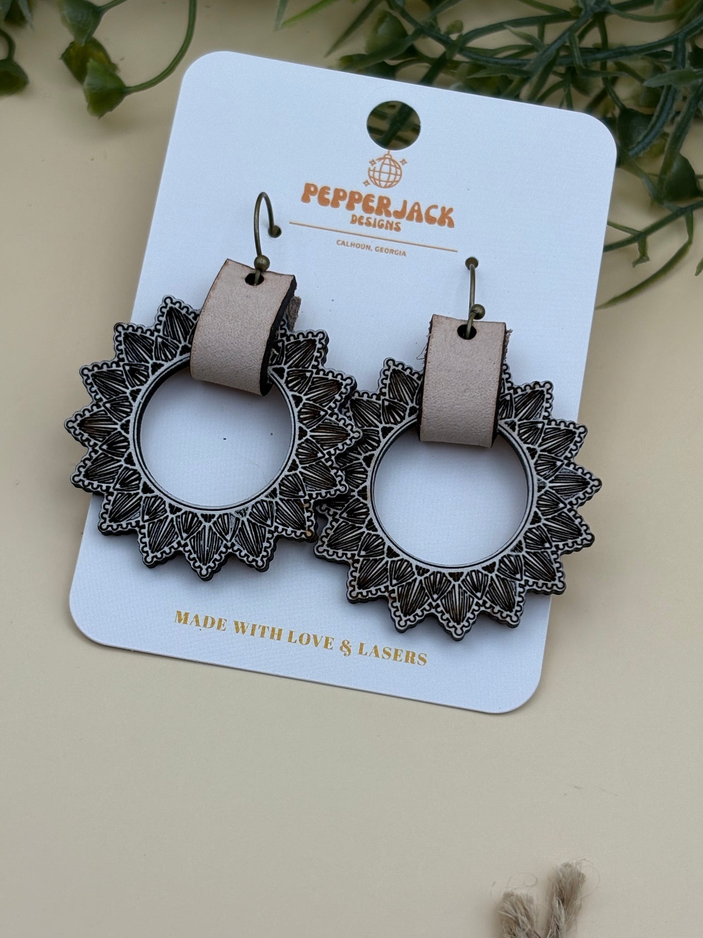 Mandala Circle Leather Drop Earrings