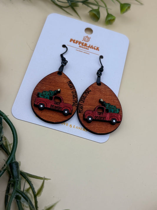 Little Red Truck Hauling A Christmas Tree Earrings
