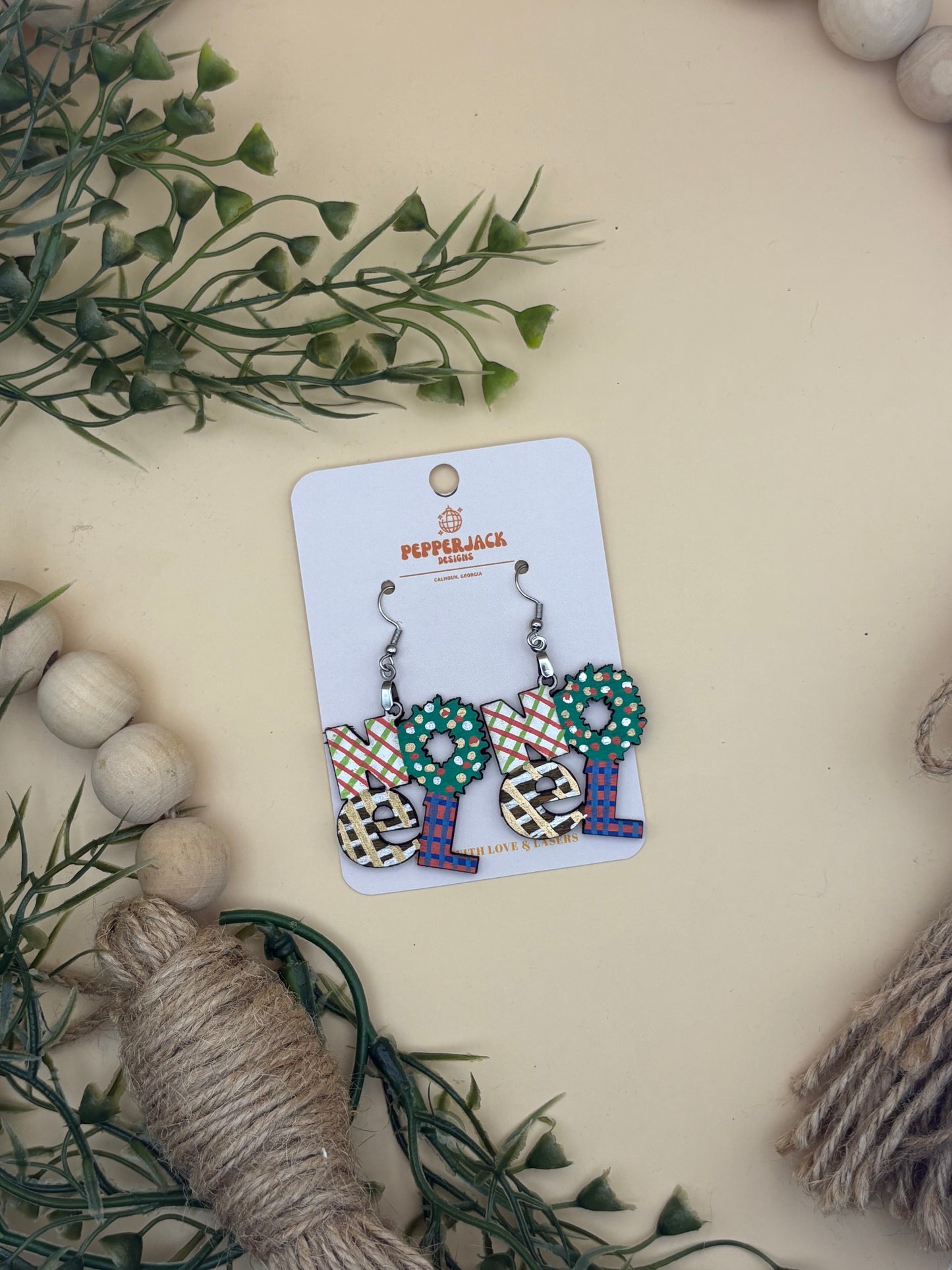 Noel Wrapping Paper Pattern Hand Painted Earrings