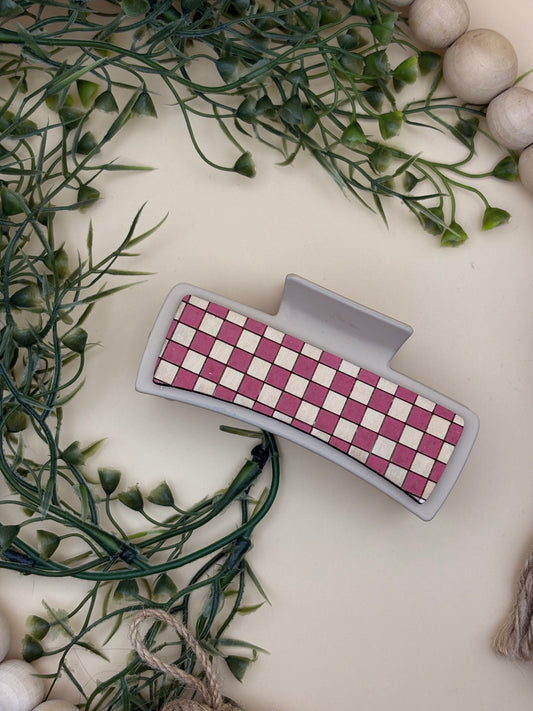 Soft Red and Cream Checkered Claw Clip
