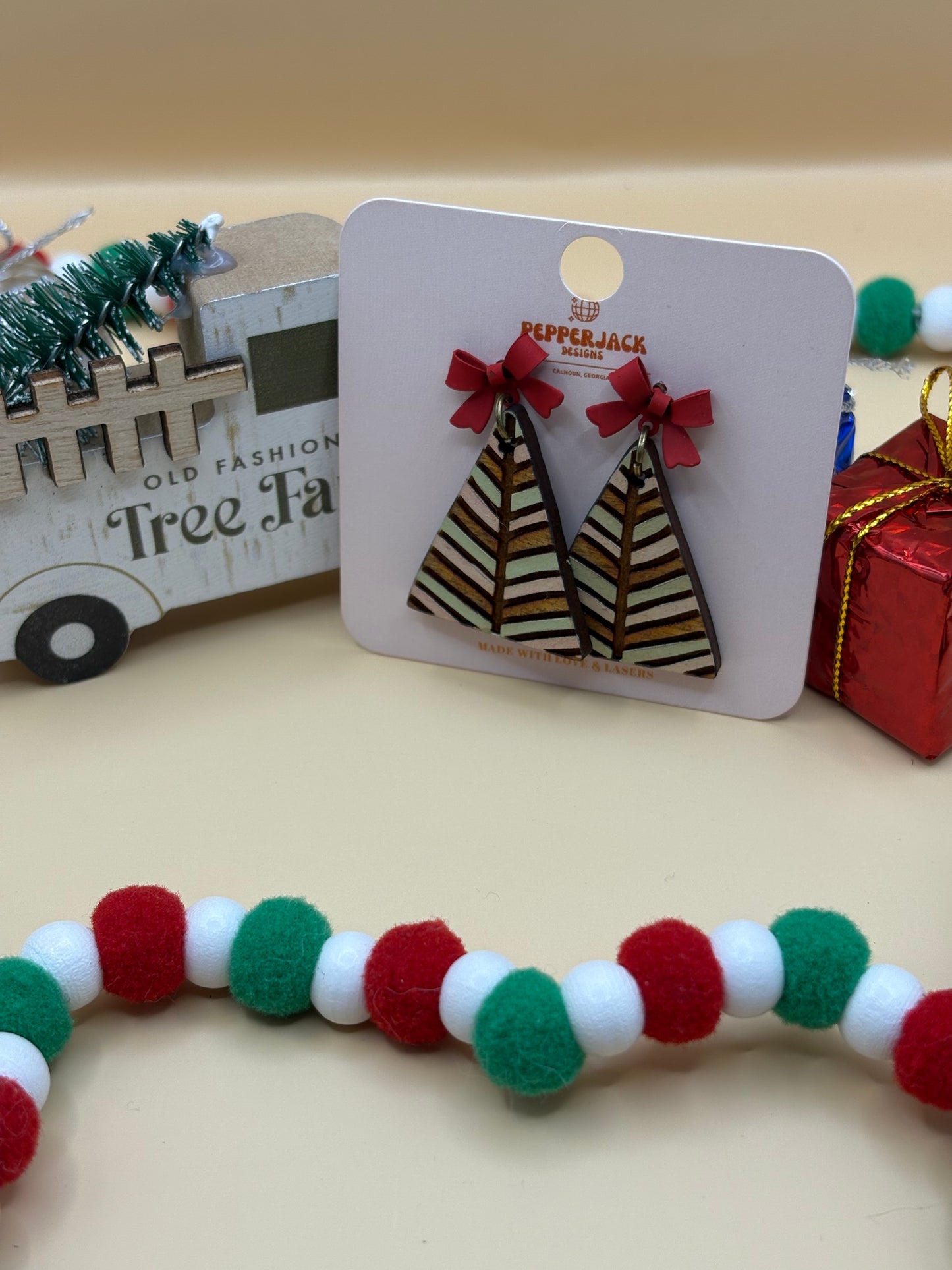 Striped Geometric Christmas Tree Earrings