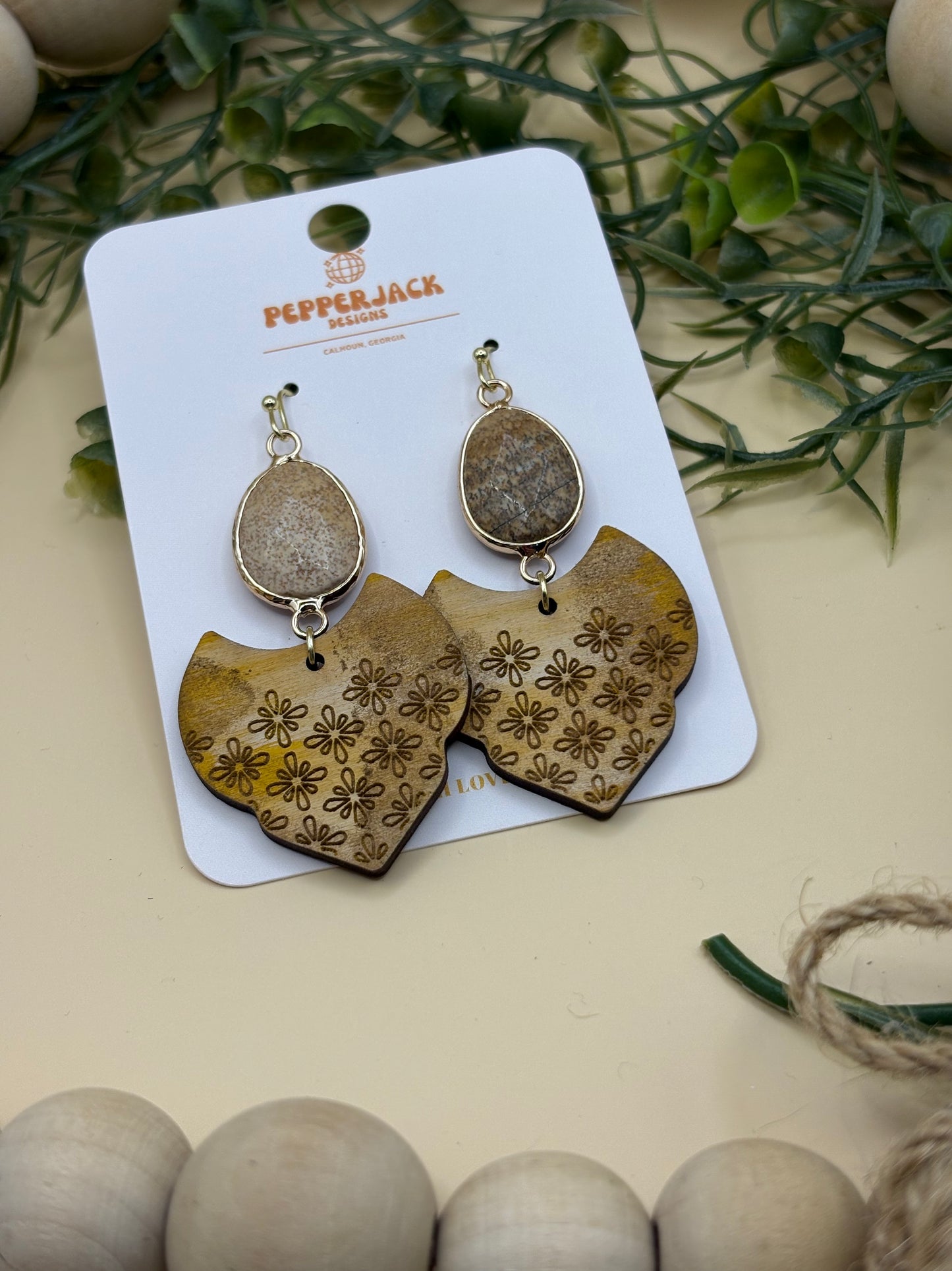 Cream/Brown Mid Century Drop Earrings