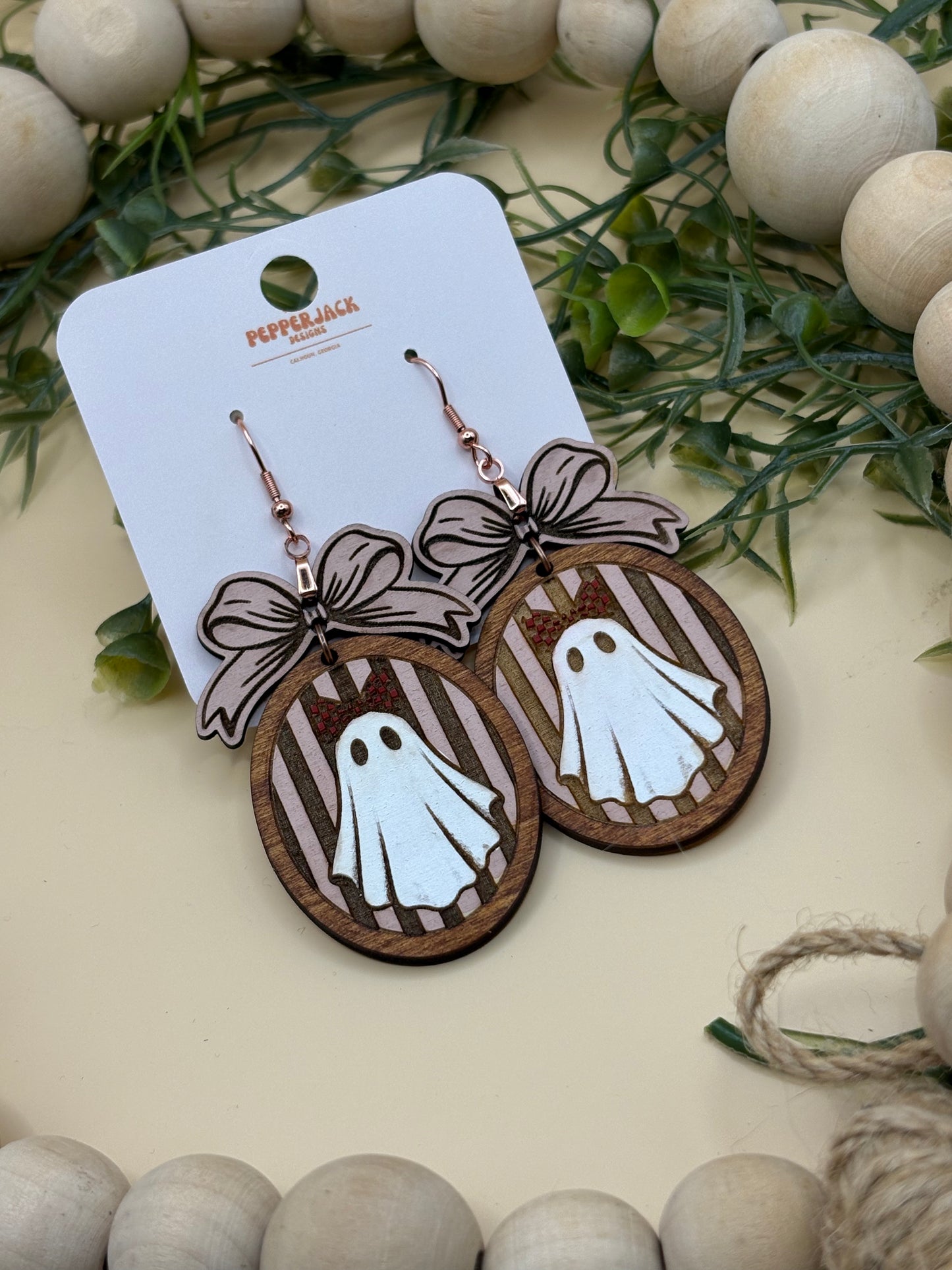Ghost With Bow Retro Striped Earrings