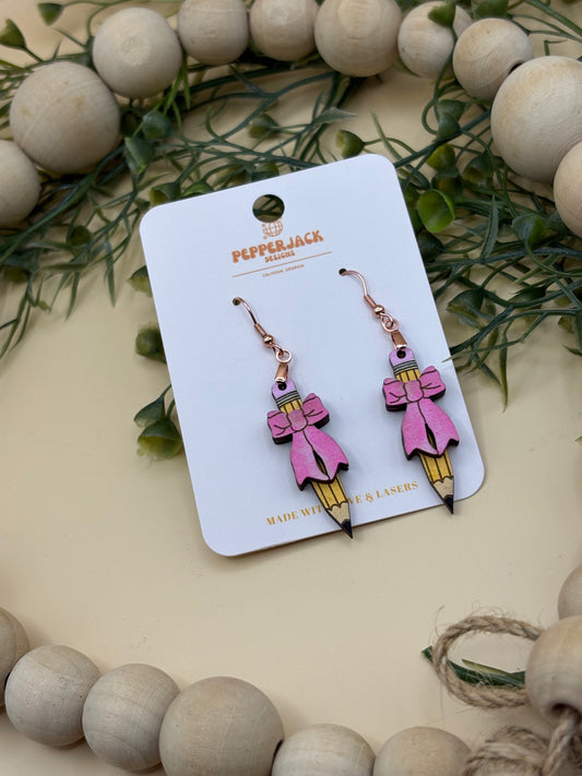 Pencil With Bow Earrings
