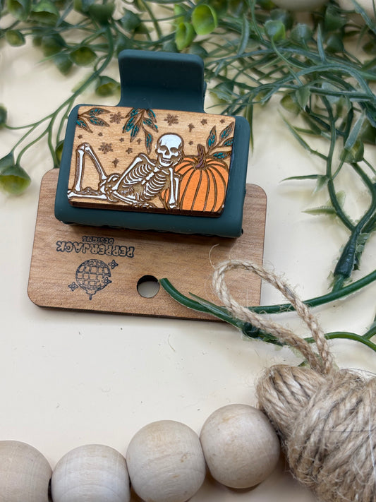 Skeleton In Pumpkin Patch Mini Claw Clip