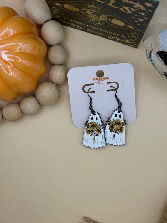 Ghost carrying flowers earrings