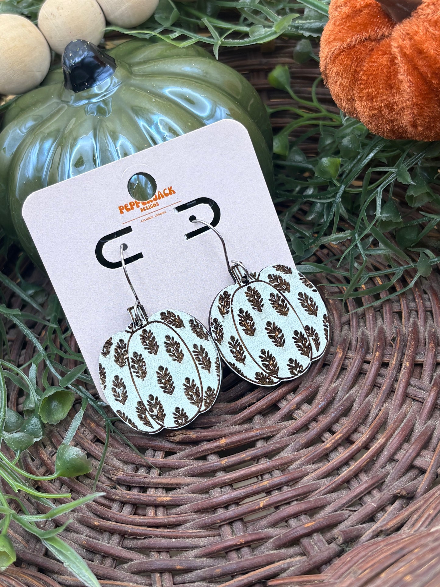 Boho Pumpkin with Floral Leaf Pattern Earrings