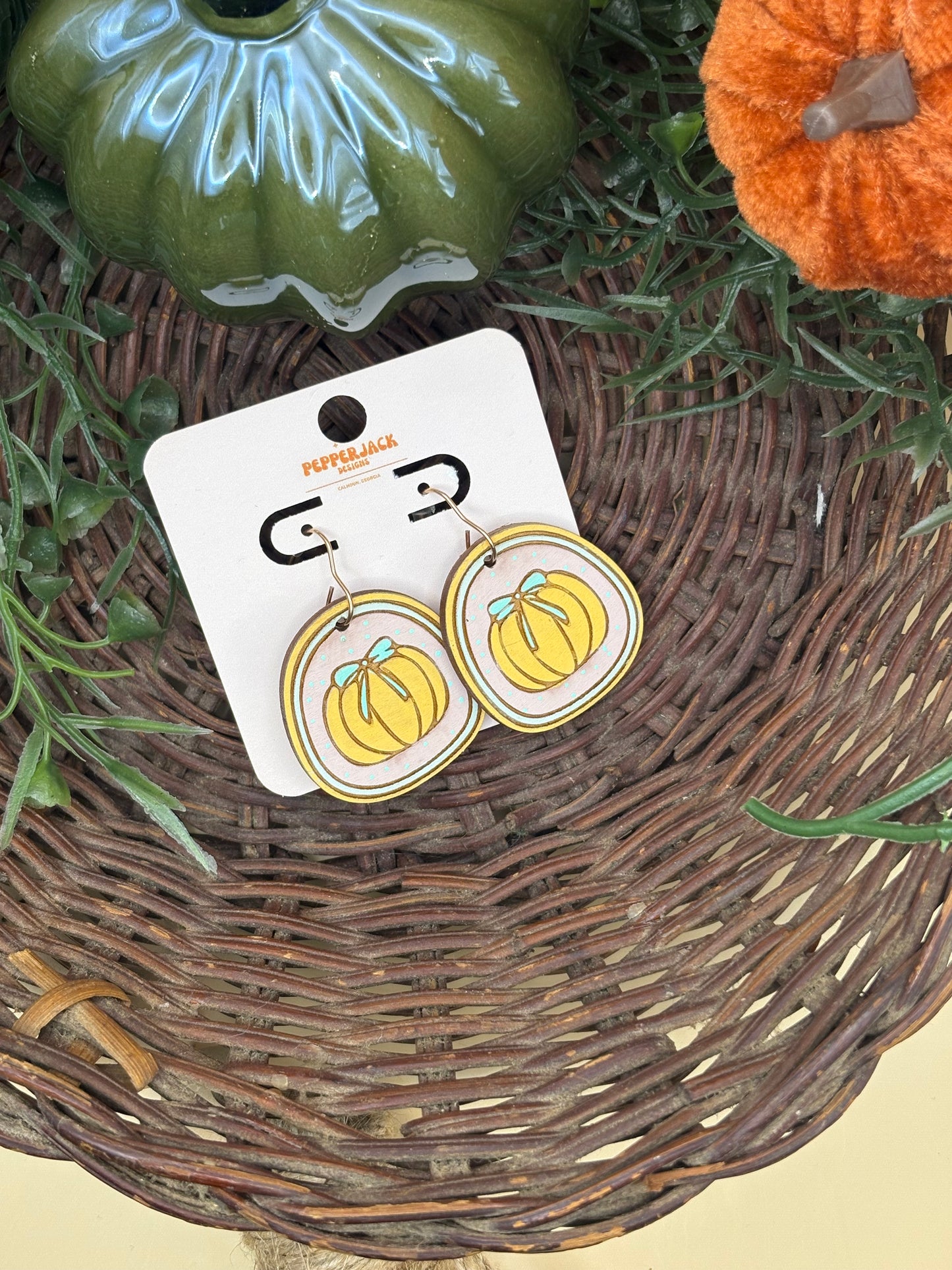 Cute Pumpkin With Bow Earrings - Pink, Blue, & Orange