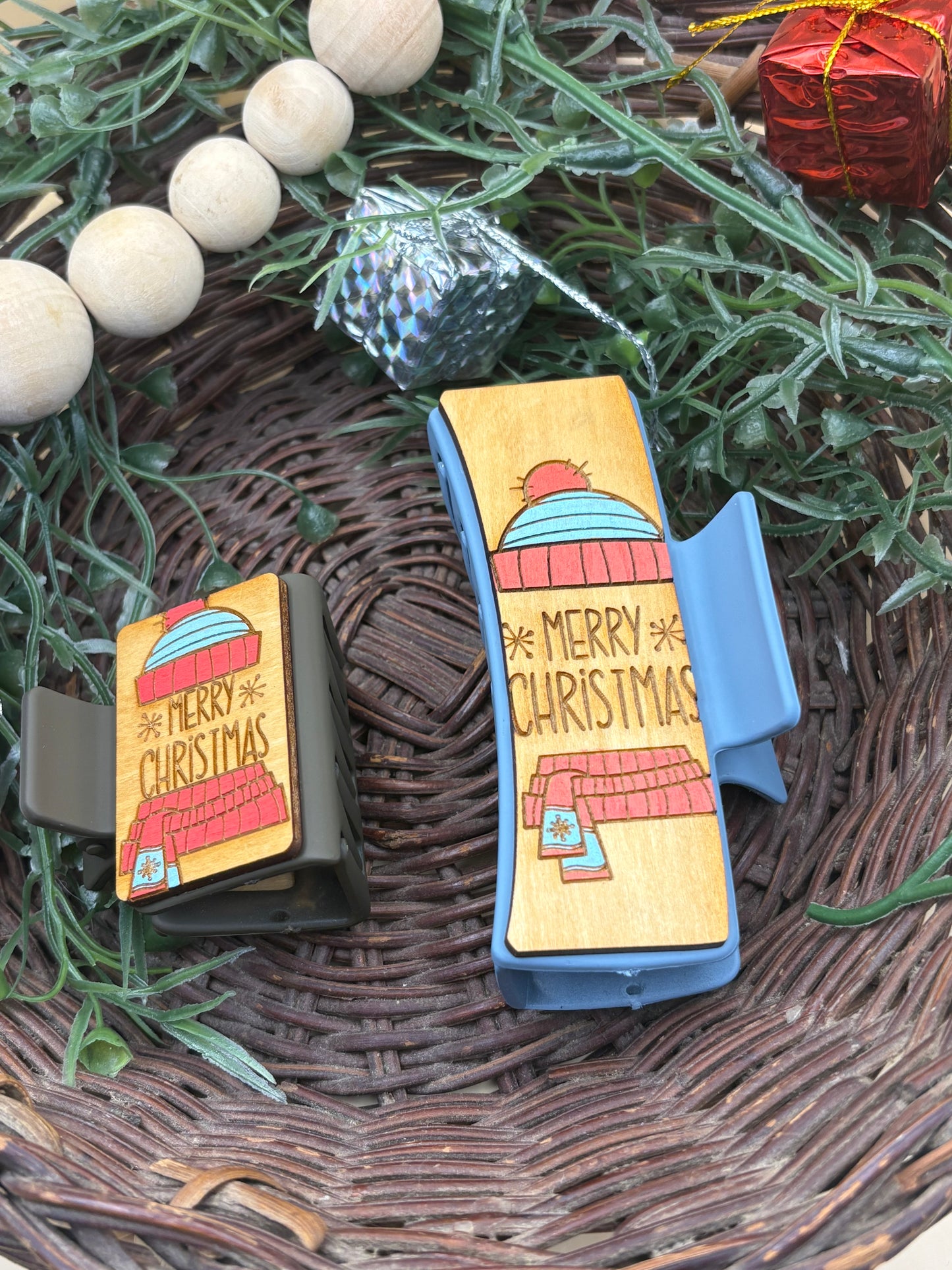 Toboggan & Scarf Merry Christmas Hair/Claw Clip