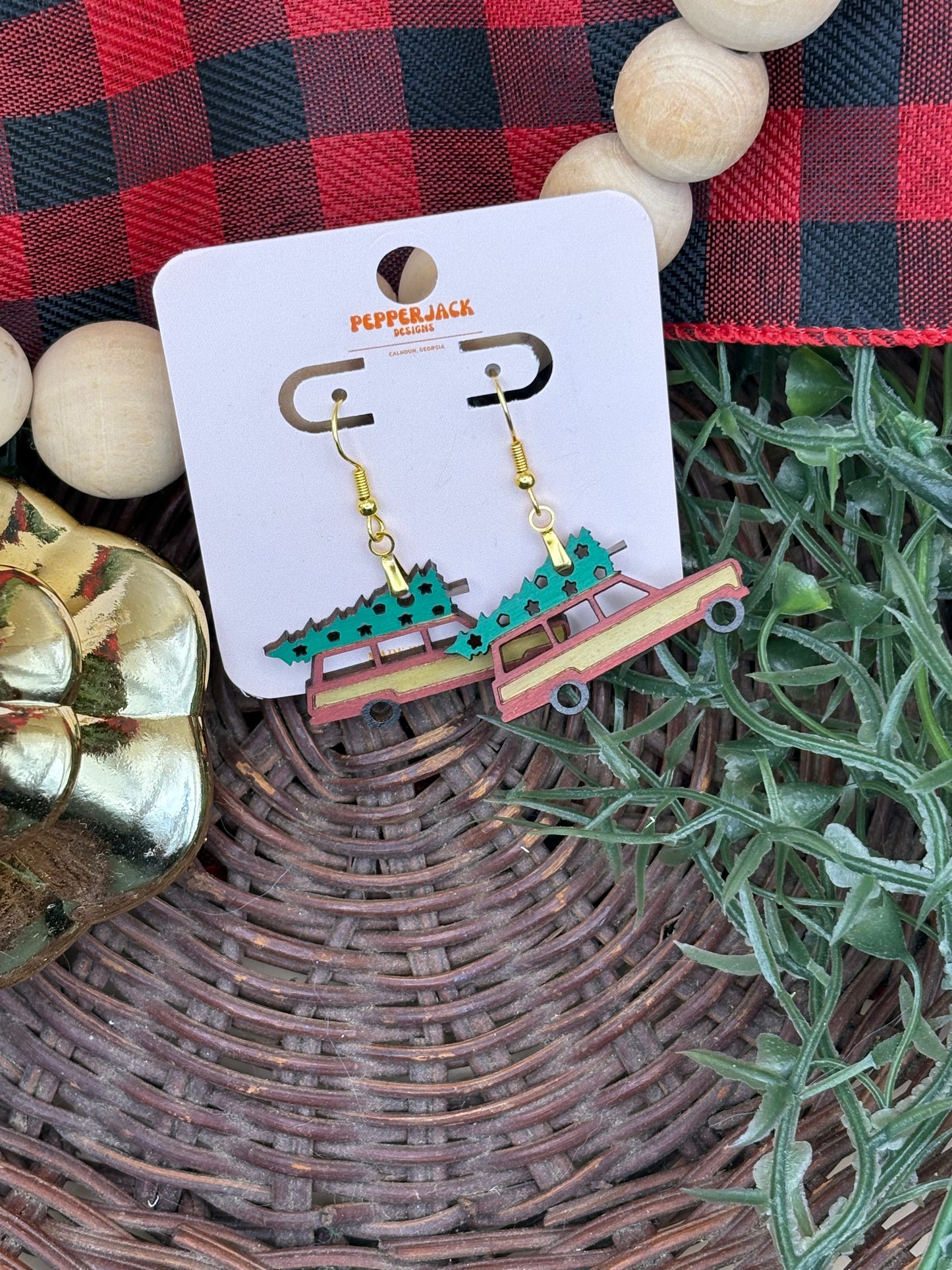 Station Wagon Hauling A Christmas Tree Earrings