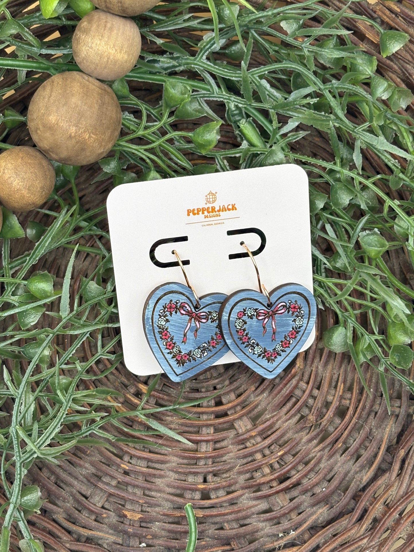 Floral Wreath Bow Heart Earrings