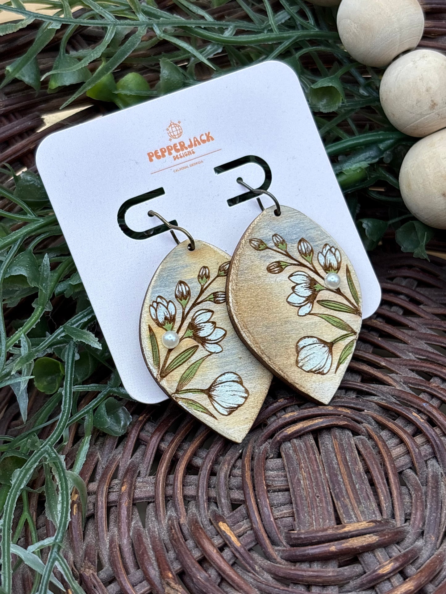 Rustic Floral Leaf Shaped Earrings With Pearl Accent