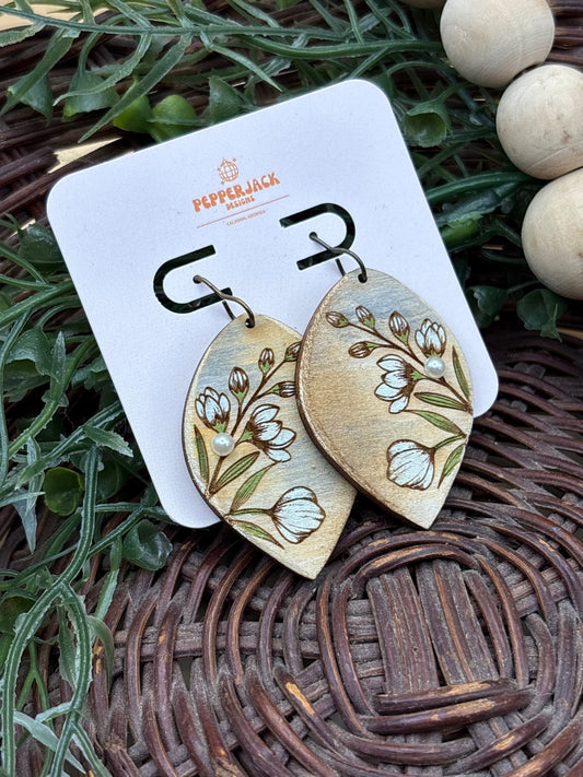 Rustic Floral Leaf Shaped Earrings With Pearl Accent