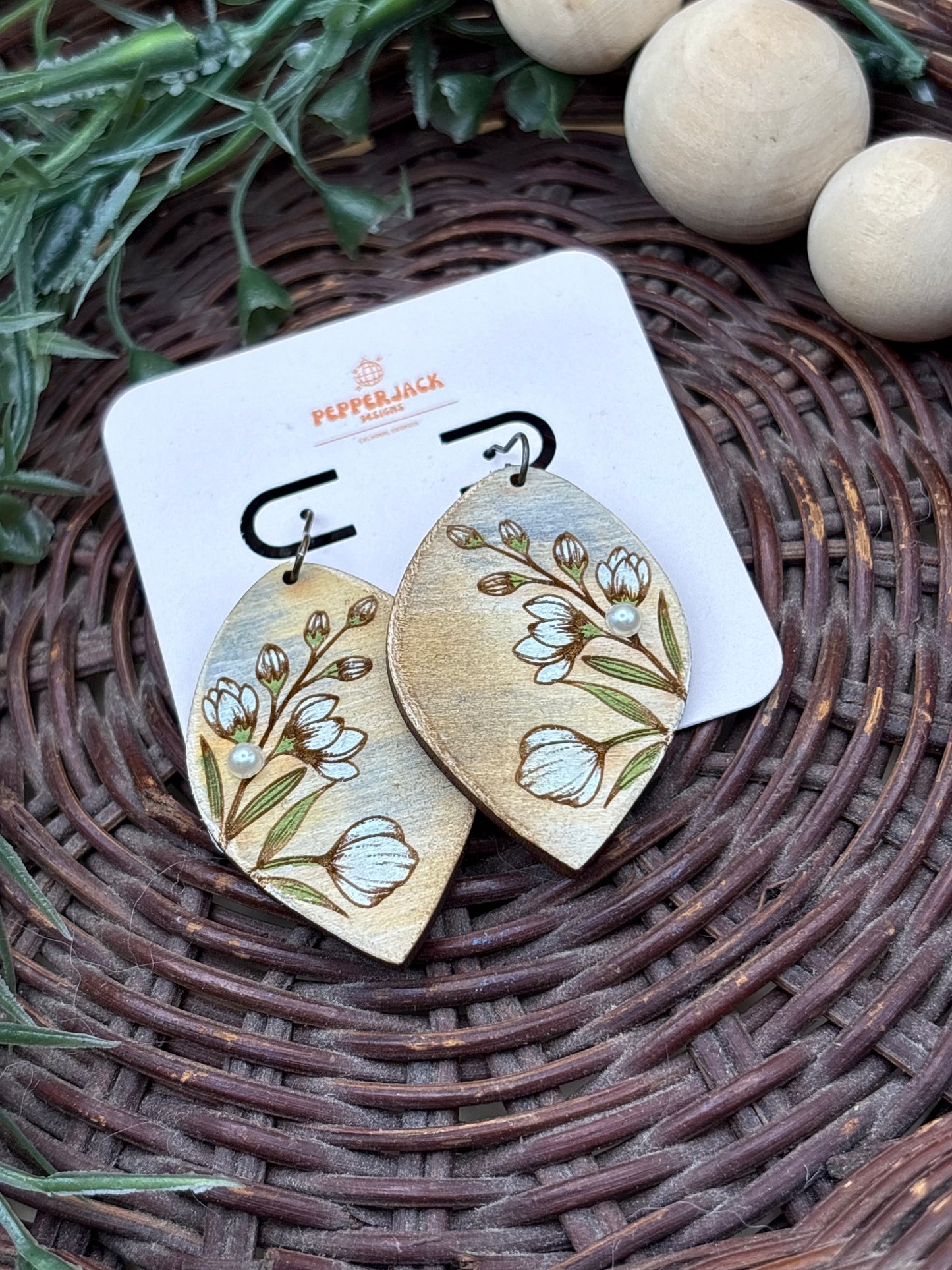 Rustic Floral Leaf Shaped Earrings With Pearl Accent