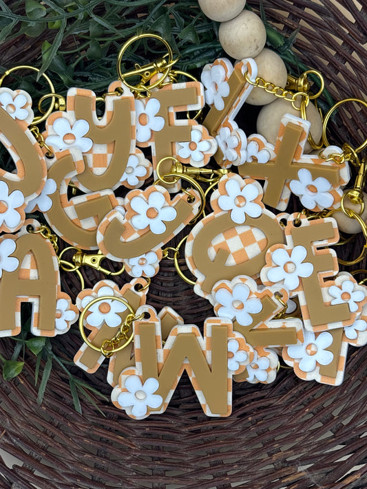 Retro Groovy Checkered And Floral Initial Keychains