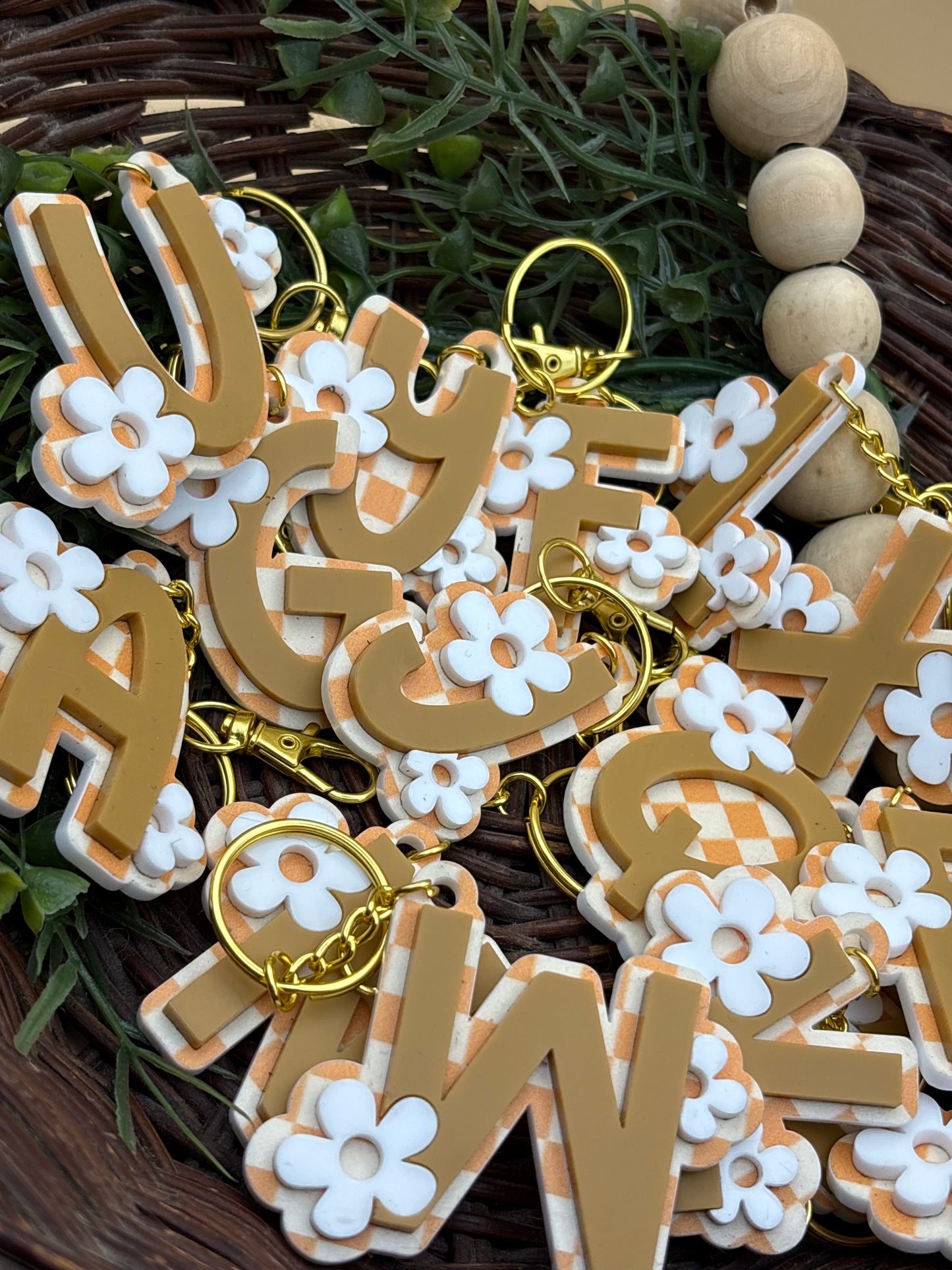 Retro Groovy Checkered And Floral Initial Keychains