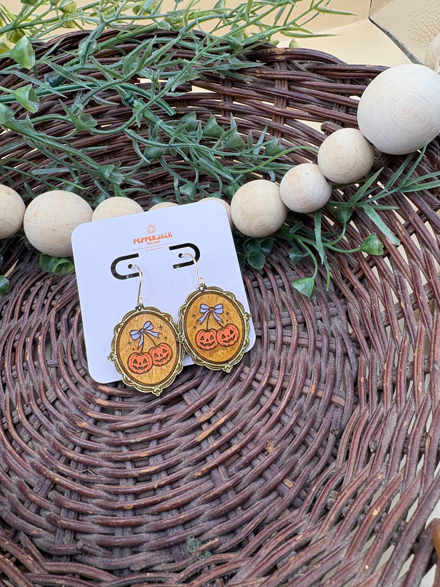 Pumpkin Cameo Wooden Dangle Earrings