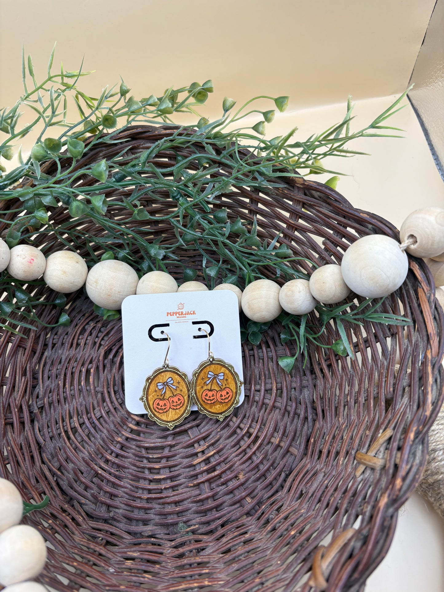 Pumpkin Cameo Wooden Dangle Earrings