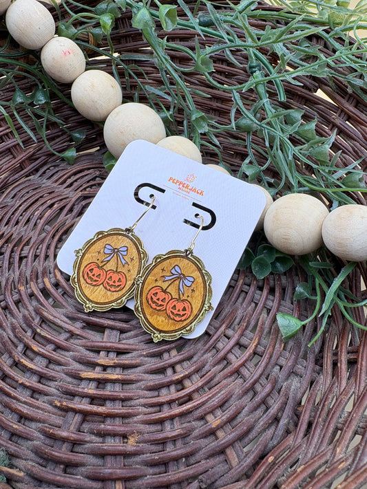 Pumpkin Cameo Wooden Dangle Earrings