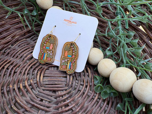 Hand-Painted Bookshelf Wooden Dangle Earrings | Cottagecore Book Lover Earrings