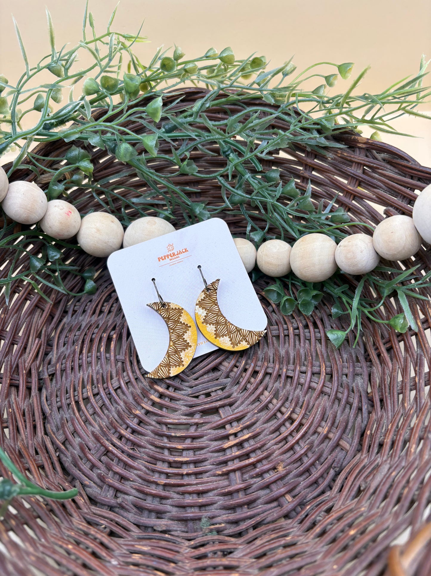 Hand-Painted Crescent Wooden Dangle Earrings | Boho Statement Earrings | Lightweight Geometric Jewelry