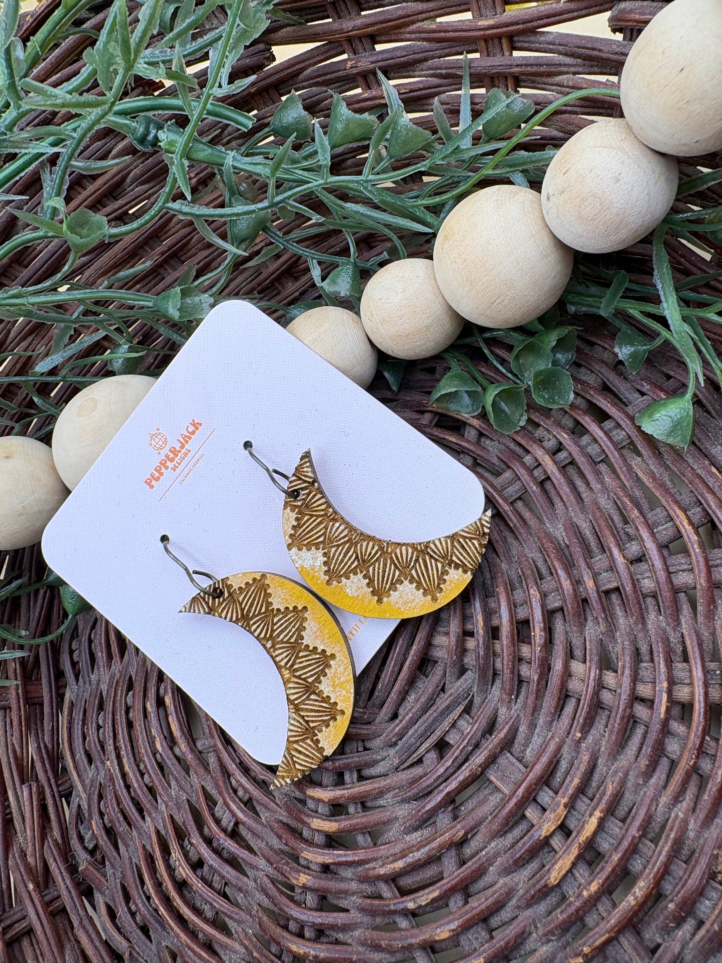 Hand-Painted Crescent Wooden Dangle Earrings | Boho Statement Earrings | Lightweight Geometric Jewelry
