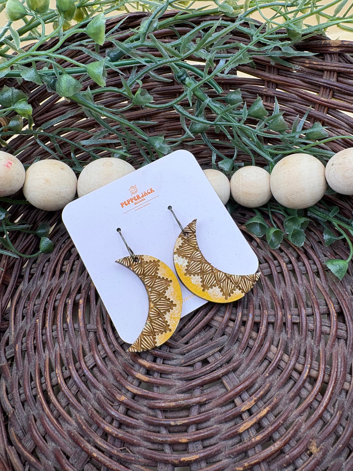 Hand-Painted Crescent Wooden Dangle Earrings | Boho Statement Earrings | Lightweight Geometric Jewelry